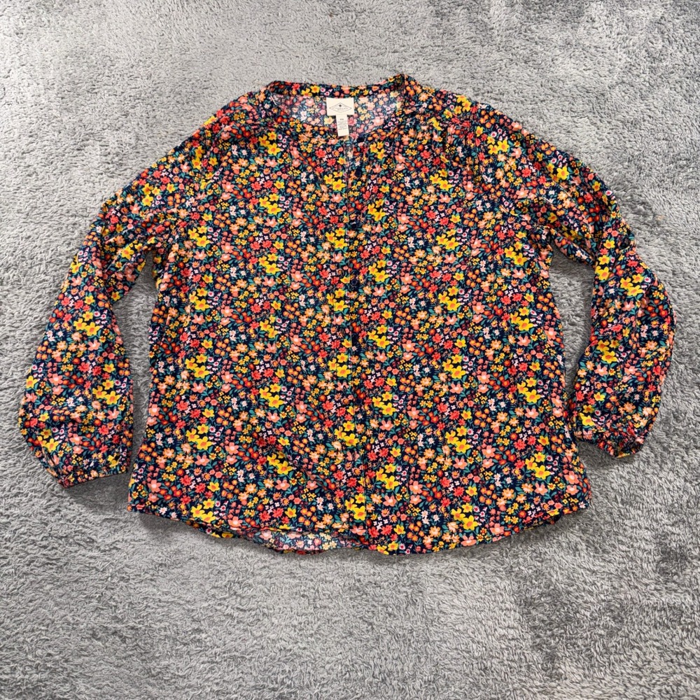 St. Johns Bay Floral Blouse XXL Navy Blue Multicolor Button Down Top Womens